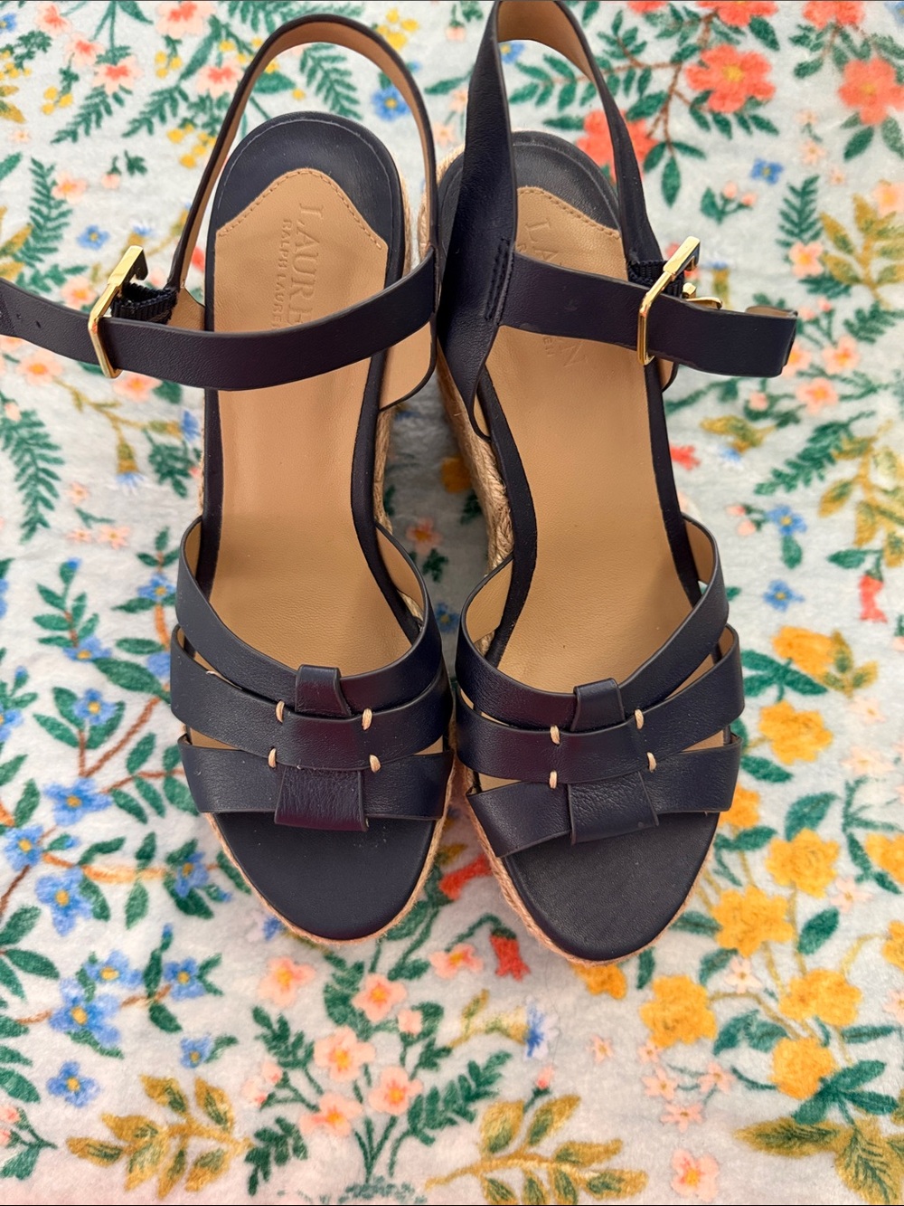 Lauren Ralph Lauren Black Leather Wedge Sandals, Soffia espadrilles